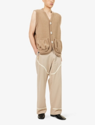 Simone Rocha Mens Camel/pearl Pearl V-neck Knitted Merino-wool Vest