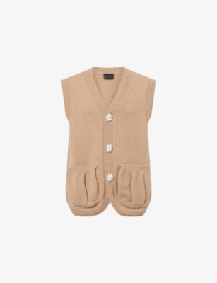 Simone Rocha Mens Camel/pearl Pearl V-neck Knitted Merino-wool Vest