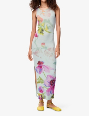 Loewe Ribbed Floral-print Silk And Cotton-blend Jersey Midi Dress In Blue
