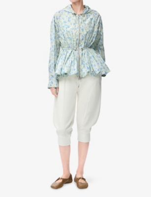 Loewe Floral Ruched Peplum Hooded Jacket In Blue