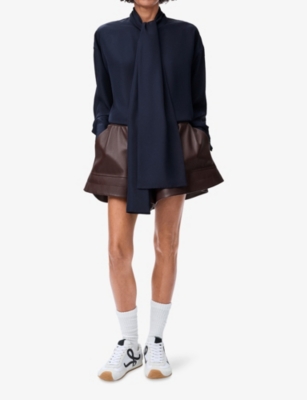 Loewe Womens Navy Blue Anagram-embroidered Scarf Silk-crepe Shirt