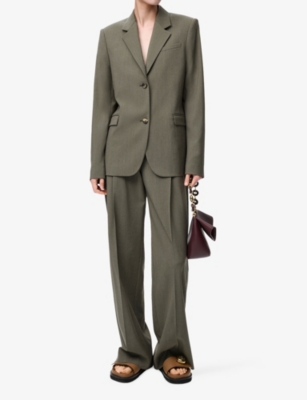 Loewe Womens Khaki Green Logo-waistband Straight-leg Woven Trousers In Black