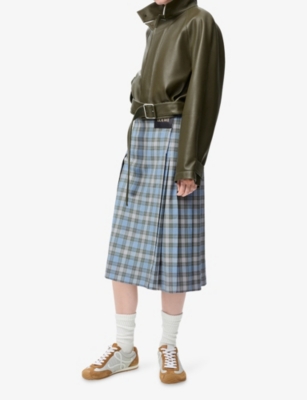 Loewe Womens Light Blue/white Pleated Check Wool-blend Midi Skirt