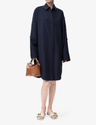 Loewe Womens Navy Blue Convertible-sleeve Cotton-blend Midi Shirt Dress In Blue
