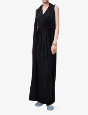 Loewe Womens Black Draped Cape-sleeve Silk Maxi Dress In Black