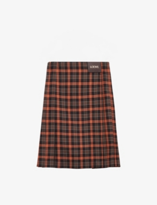 Loewe Check Pleated Midi Skirt In Brown