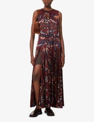 SACAI: Floral-Print Pleated Satin Maxi Dress