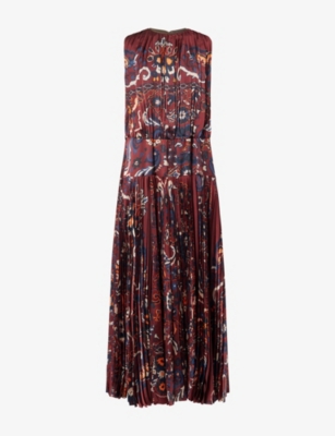 SACAI: Floral-Print Pleated Satin Maxi Dress