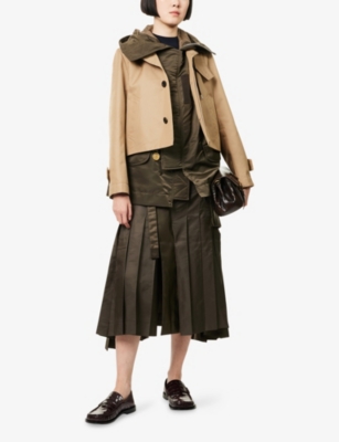 Sacai Womens Beige Khaki Layyered Hooded Cotton-gabardine Blouson Jacket In Multi