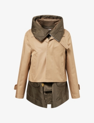 Sacai Womens Beige Khaki Layyered Hooded Cotton-gabardine Blouson Jacket In Multi