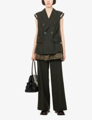 Sacai Womens Khaki Glen Check Wool Trousers Xl In Black