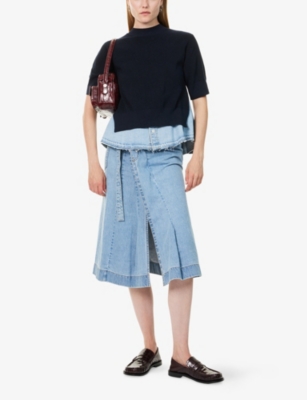Sacai Womens Blue Flared Asymmetric Denim Midi Skirt In Blue