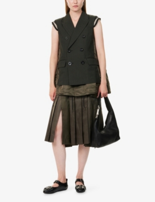 Sacai Womens Khaki Glen-check Contrast-shell Wool Vest In Green