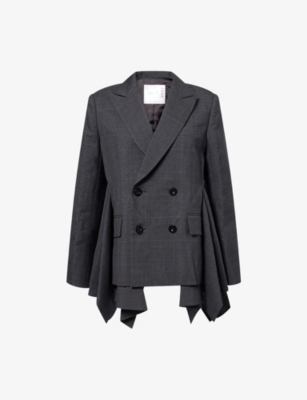 Sacai Womens Gray Glen-check Pleated Wool Blazer In Gray