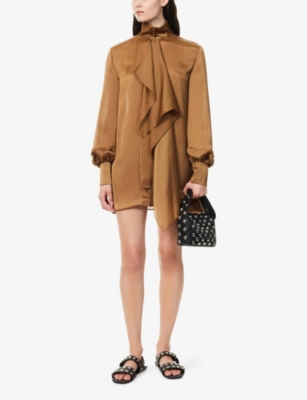 Sacai Womens Beige Relaxed-fit High-neck Woven Mini Dress In Brown