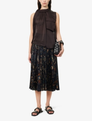 Sacai Womens Navy Floral Pleated Woven Midi Skirt In Black
