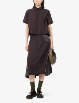 Sacai Tailored Brown Suiting Mix Skirt With Structured Silhouette In Brown