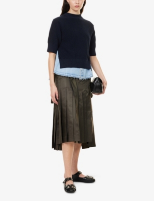 Sacai Womens Navy Blue Denim-hem Short-sleeves Cotton-blend Jumper In Black