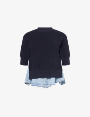 Sacai Womens Navy Blue Denim-hem Short-sleeves Cotton-blend Jumper In Black