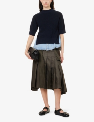 Sacai Womens Khaki Pleated Belted Shell Midi Skirt In Brown