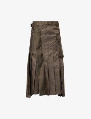Sacai Womens Khaki Pleated Belted Shell Midi Skirt In Brown