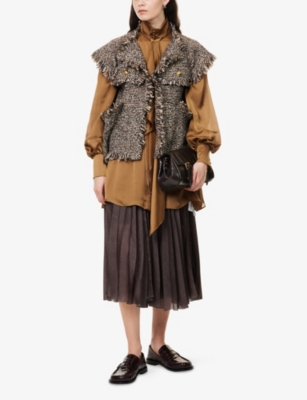 Sacai Womens Brown Fringed Sleeveless Wool-blend Jacket In Brown