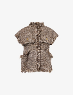 Sacai Womens Brown Fringed Sleeveless Wool-blend Jacket In Brown
