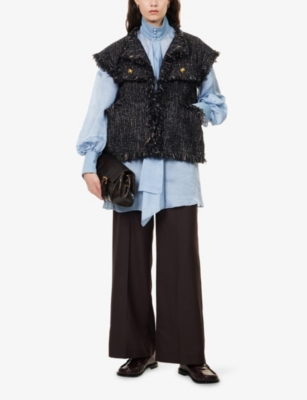 Sacai Womens Navy Fringed Sleeveless Wool-blend Jacket Xl In Black