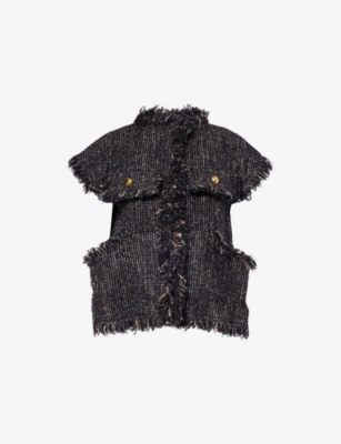 Sacai Womens Navy Fringed Sleeveless Wool-blend Jacket Xl In Black