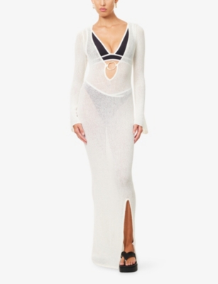 We Are Tala Omens Coconut Milk O-ring V-neck Cotton Blend Maxi Beach Dress In White