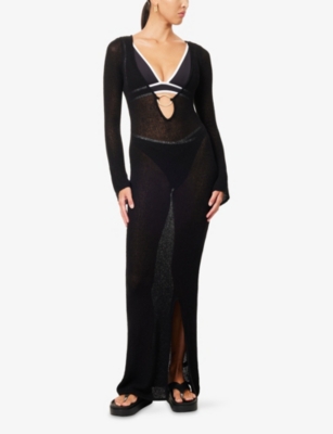 We Are Tala Omens Shadow Black O-ring V-neck Cotton Blend Maxi Beach Dress Xl In Black
