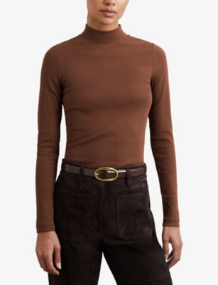 Reiss Womens Brown Polly Ribbed Stretch-cotton Top In Brown