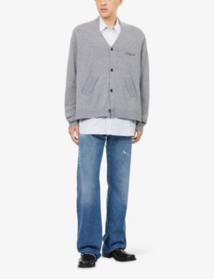Acne Studios Mens Dark Grey Melange V-neck Embroidered-logo Wool Cardigan Xs In Gray