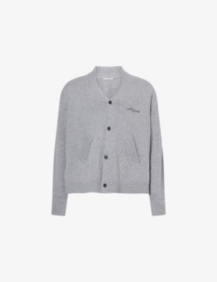 Acne Studios Mens Dark Grey Melange V-neck Embroidered-logo Wool Cardigan Xs In Gray