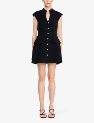 Sandro Womens Black Capped-sleeves Buttoned Knitted Mini Dress In Black