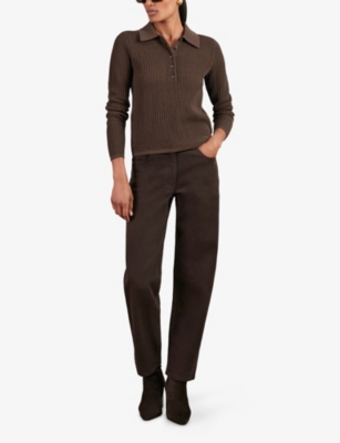 Reiss Womens Chocolate Brown India Ribbed Cotton-blend Polo Top In Brown
