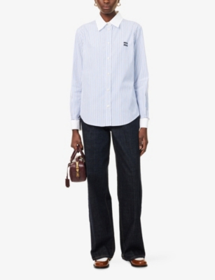 MIU MIU: Embroidered-Logo Striped Cotton-Poplin Shirt
