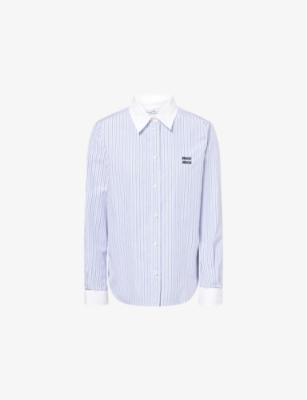 MIU MIU: Embroidered-Logo Striped Cotton-Poplin Shirt