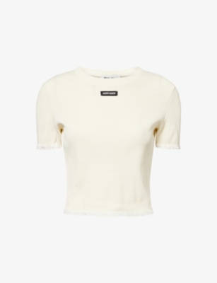 Miu Miu Womens Avorio Logo-patch Ribbed Cotton-knit T-shirt In White