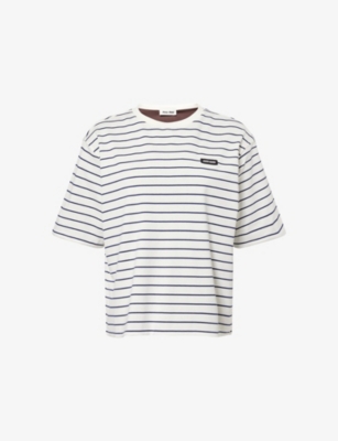 Miu Miu Womens Blu Cacao Striped Logo-patch Cotton-jersey T-shirt In Brown