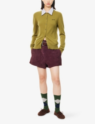 MIU MIU: Striped-Collared Knitted-Logo Cashmere Cardigan