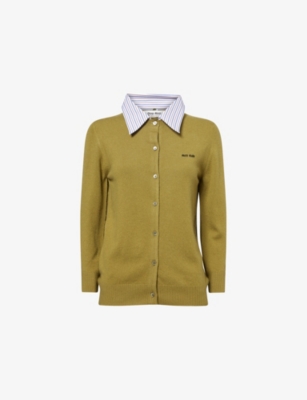 MIU MIU: Striped-Collared Knitted-Logo Cashmere Cardigan