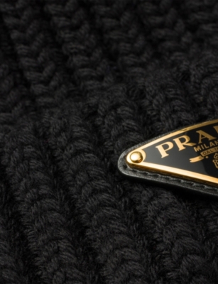 Prada Womens Black Logo-embellished Knitted Wool Beanie In Black