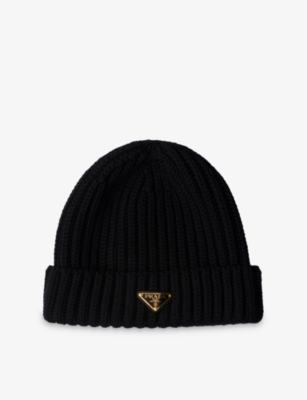 Prada Womens Black Logo-embellished Knitted Wool Beanie In Black