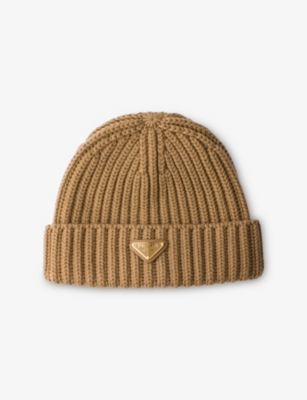 Prada Womens Brown Logo-embellished Knitted Wool Beanie In Brown