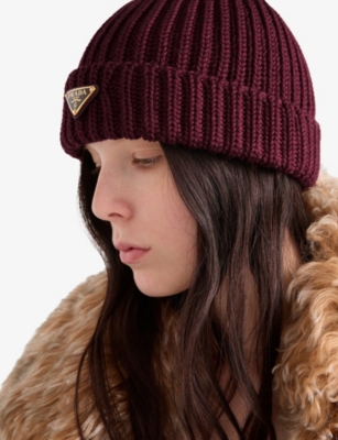 Prada Womens Burgundy Logo-embellished Knitted Wool Beanie In Burgundy