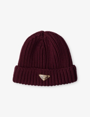 Prada Womens Burgundy Logo-embellished Knitted Wool Beanie In Burgundy