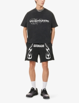 Godmade Mens Spark Fire Graphic-print Cotton T-shirt Black