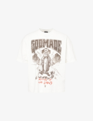 Godmade Mens White Abode Of The Saints Graphic-print Cotton T-shirt