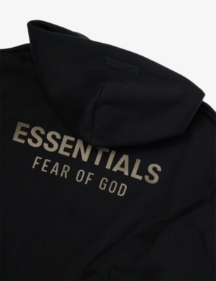 Essentials Jet Black Logo Kangaroo-pocket Cotton-blend Hoodie 2- In Black